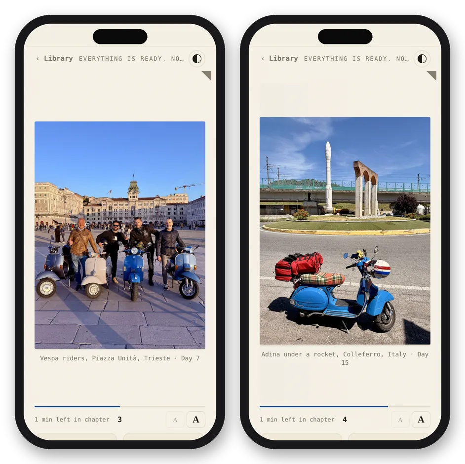 Two phones showing the book: a photo from Trieste, day 7, and a photo of Adina under a rocket in Colleferro, day 15